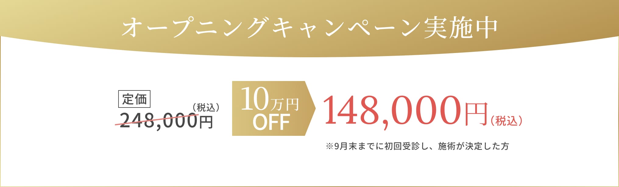 オープニングキャンペーン実施中 定価248,000円(税込) 10万円OFF 148,000円(税込) ※9月末までに初回受診し、施術が決定した方